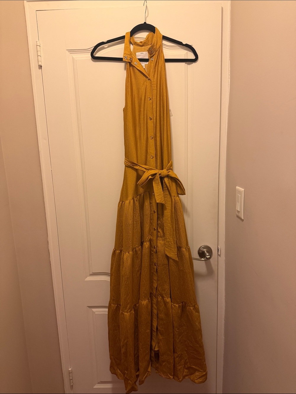 C/MEO Collective Mustard Halter Button-Front Maxi Dress with Waist Tie